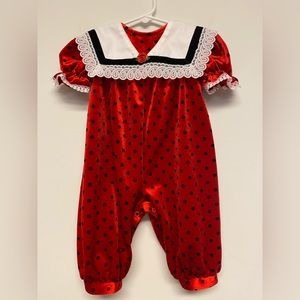 Little Precious Vintage Baby Velvet Polka Dot Lace One Piece Sz 12 months